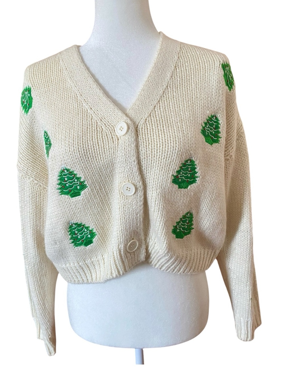 Forever 21 Christmas Tree Allover Embroidered Cropped Cardigan M